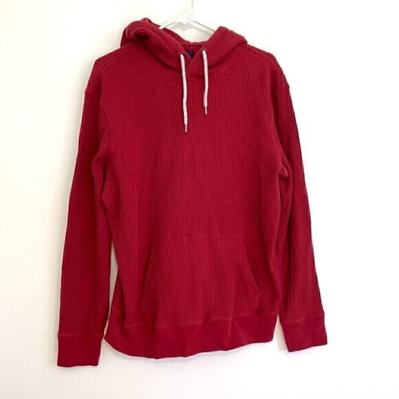 AMERICAN EAGLE Mens Solid Red Pullover Waffle Knit Thermal Hoodie Sweatshirt M - Picture 1 of 16